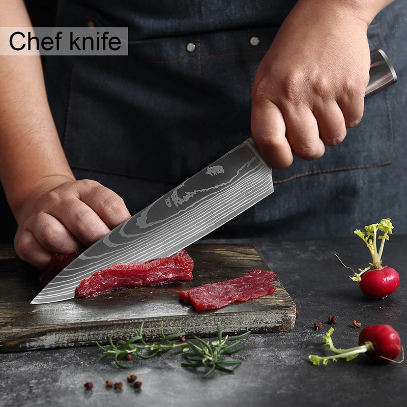 XITUO Chef knife 1-10Pcs Kitchen Knives Set Laser Damascus Pattern Ultra-Sharp Santoku Knife Cleaver Slicing Utility Fruit Knife