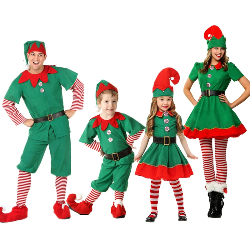 Christmas Santa Claus Costume Green Elf Cosplay Family Carnival Party New Year Fancy Dress Clothes Set For Men Women Girls Boys