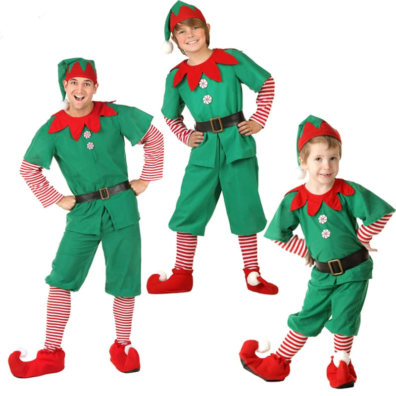 Christmas Santa Claus Costume Green Elf Cosplay Family Carnival Party New Year Fancy Dress Clothes Set For Men Women Girls Boys