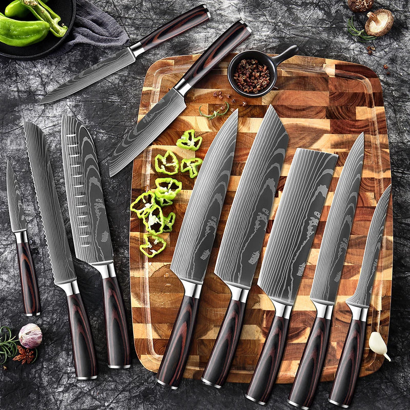 XITUO Chef knife 1-10Pcs Kitchen Knives Set Laser Damascus Pattern Ultra-Sharp Santoku Knife Cleaver Slicing Utility Fruit Knife