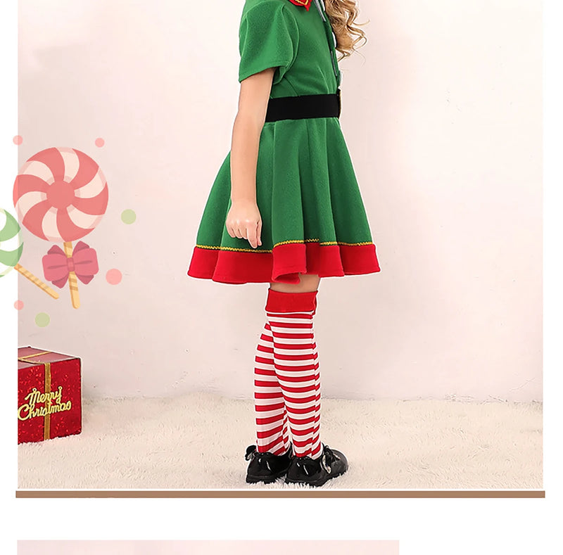 Christmas Santa Claus Costume Green Elf Cosplay Family Carnival Party New Year Fancy Dress Clothes Set For Men Women Girls Boys