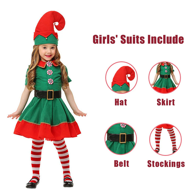 Christmas Santa Claus Costume Green Elf Cosplay Family Carnival Party New Year Fancy Dress Clothes Set For Men Women Girls Boys