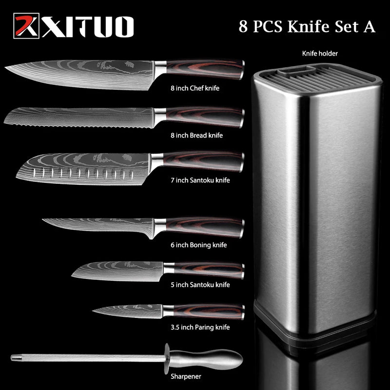 XITUO Chef knife 1-10Pcs Kitchen Knives Set Laser Damascus Pattern Ultra-Sharp Santoku Knife Cleaver Slicing Utility Fruit Knife