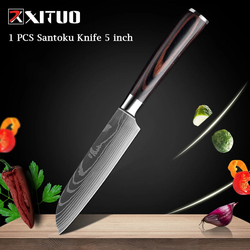 XITUO Chef knife 1-10Pcs Kitchen Knives Set Laser Damascus Pattern Ultra-Sharp Santoku Knife Cleaver Slicing Utility Fruit Knife