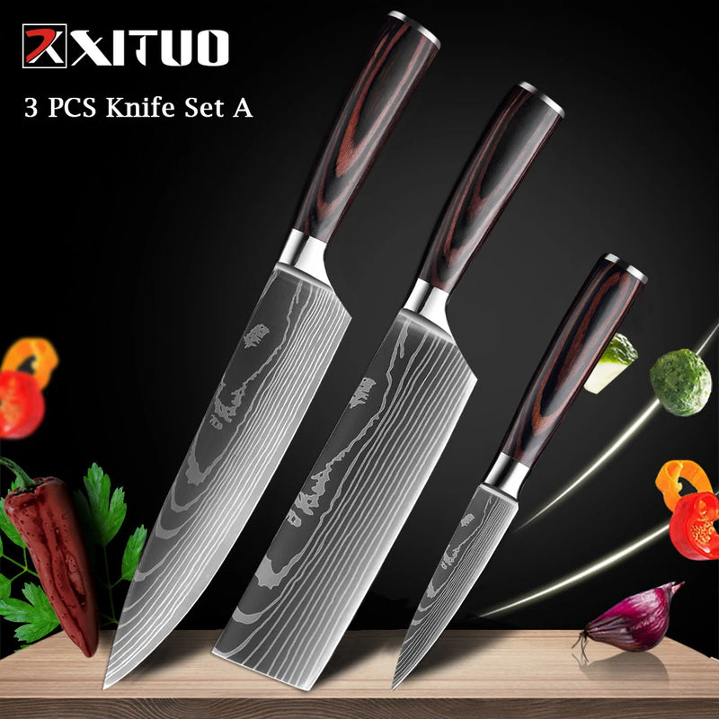 XITUO Chef knife 1-10Pcs Kitchen Knives Set Laser Damascus Pattern Ultra-Sharp Santoku Knife Cleaver Slicing Utility Fruit Knife