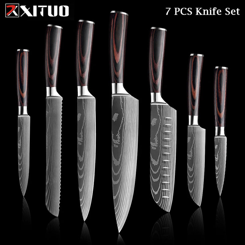 XITUO Chef knife 1-10Pcs Kitchen Knives Set Laser Damascus Pattern Ultra-Sharp Santoku Knife Cleaver Slicing Utility Fruit Knife