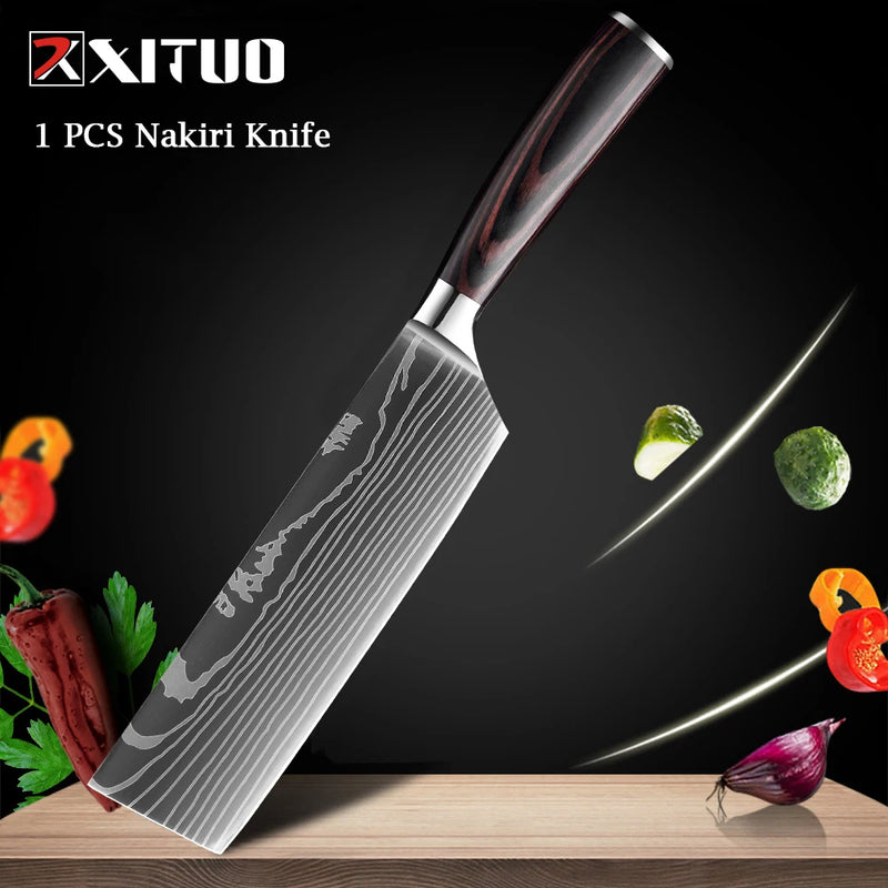 XITUO Chef knife 1-10Pcs Kitchen Knives Set Laser Damascus Pattern Ultra-Sharp Santoku Knife Cleaver Slicing Utility Fruit Knife