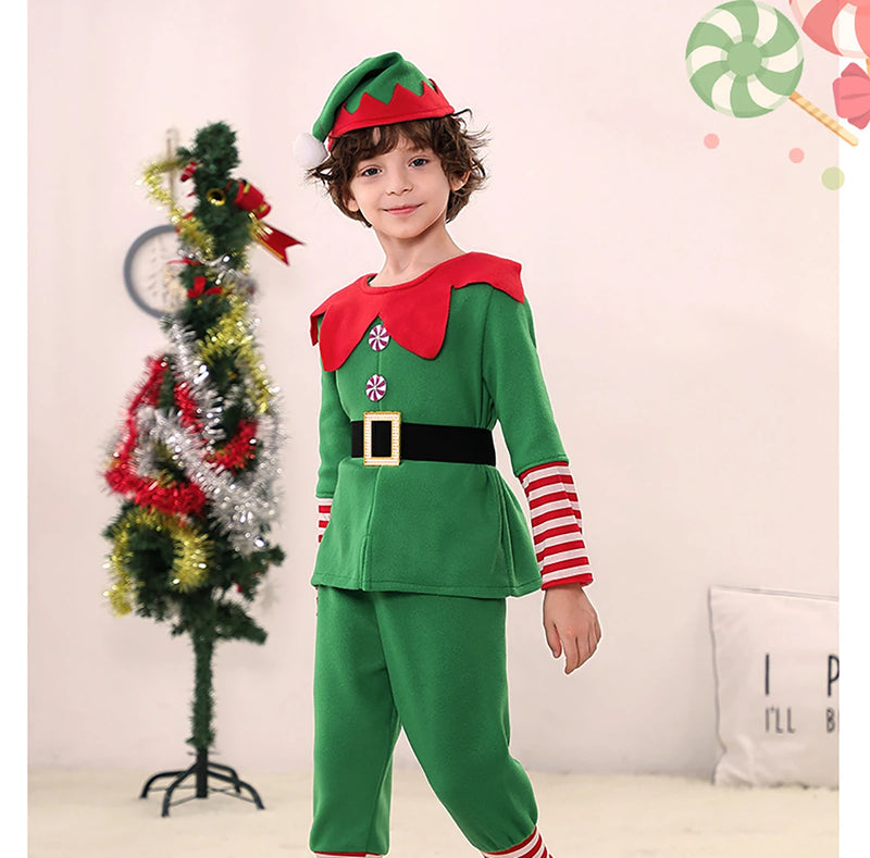 Christmas Santa Claus Costume Green Elf Cosplay Family Carnival Party New Year Fancy Dress Clothes Set For Men Women Girls Boys