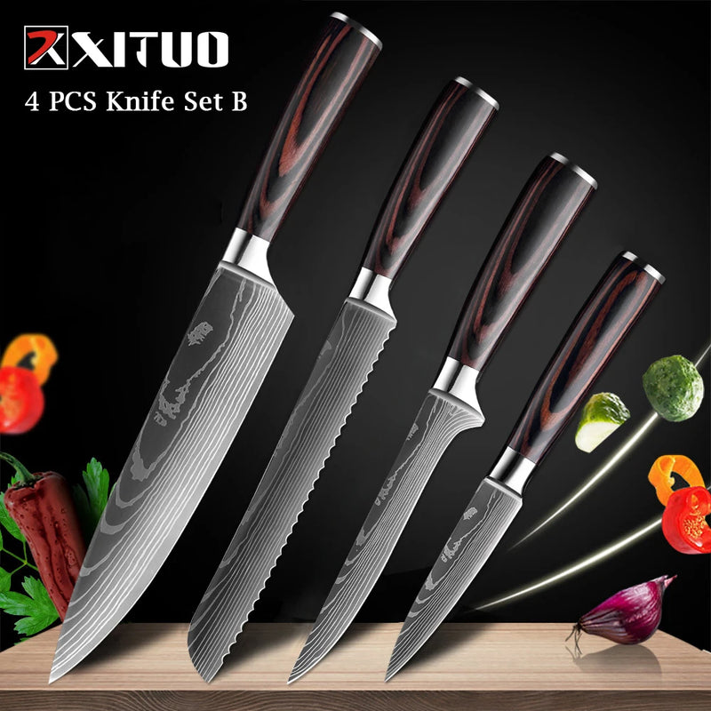 XITUO Chef knife 1-10Pcs Kitchen Knives Set Laser Damascus Pattern Ultra-Sharp Santoku Knife Cleaver Slicing Utility Fruit Knife