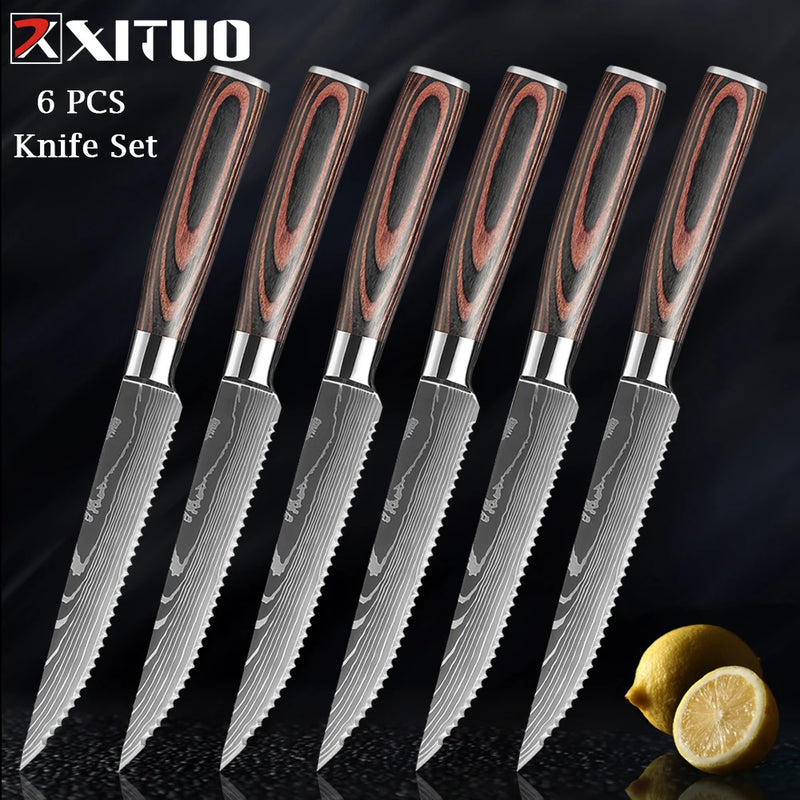 XITUO Chef knife 1-10Pcs Kitchen Knives Set Laser Damascus Pattern Ultra-Sharp Santoku Knife Cleaver Slicing Utility Fruit Knife