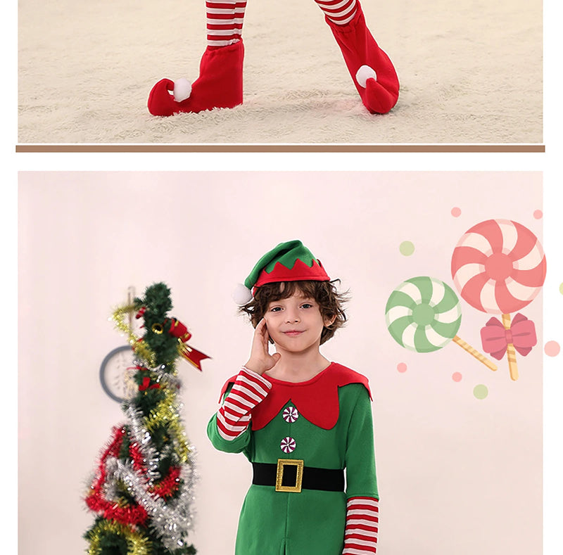 Christmas Santa Claus Costume Green Elf Cosplay Family Carnival Party New Year Fancy Dress Clothes Set For Men Women Girls Boys