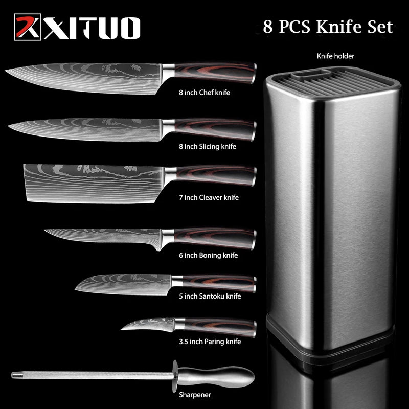 XITUO Chef knife 1-10Pcs Kitchen Knives Set Laser Damascus Pattern Ultra-Sharp Santoku Knife Cleaver Slicing Utility Fruit Knife