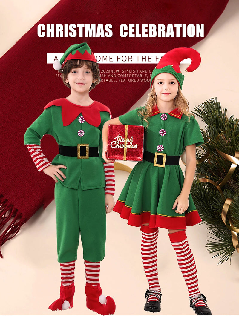 Christmas Santa Claus Costume Green Elf Cosplay Family Carnival Party New Year Fancy Dress Clothes Set For Men Women Girls Boys