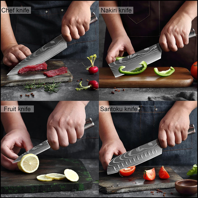 XITUO Chef knife 1-10Pcs Kitchen Knives Set Laser Damascus Pattern Ultra-Sharp Santoku Knife Cleaver Slicing Utility Fruit Knife