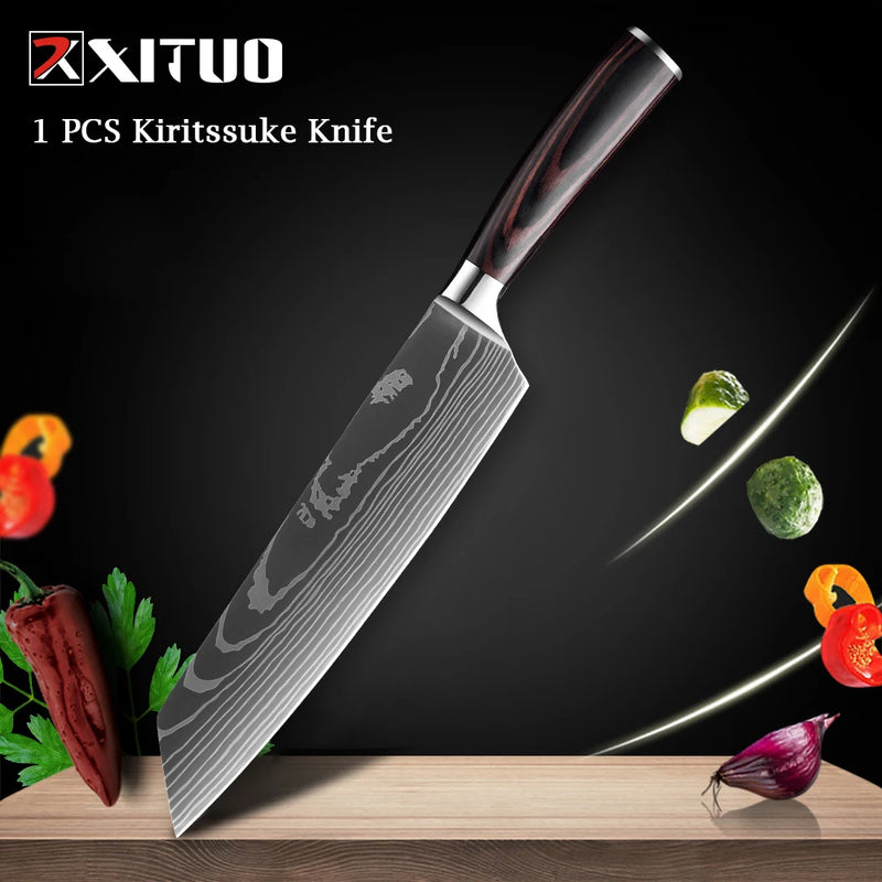 XITUO Chef knife 1-10Pcs Kitchen Knives Set Laser Damascus Pattern Ultra-Sharp Santoku Knife Cleaver Slicing Utility Fruit Knife