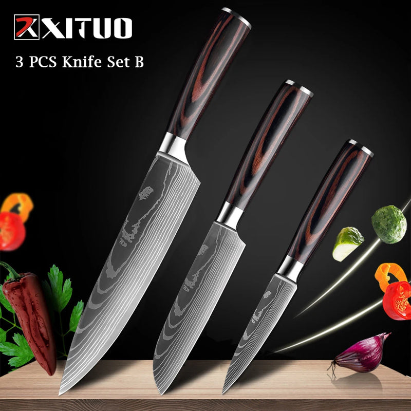 XITUO Chef knife 1-10Pcs Kitchen Knives Set Laser Damascus Pattern Ultra-Sharp Santoku Knife Cleaver Slicing Utility Fruit Knife