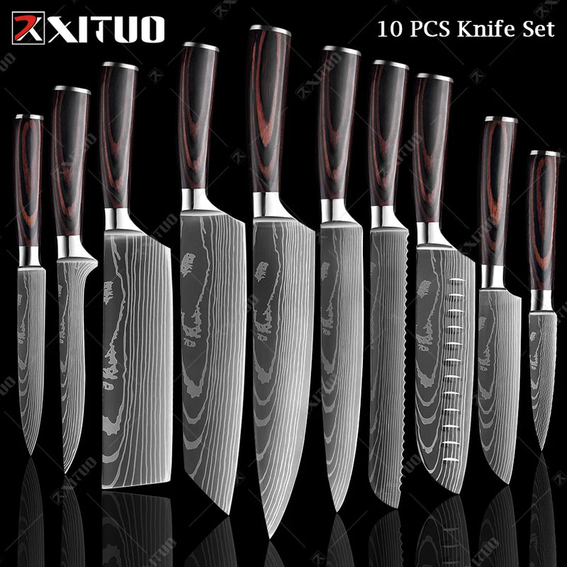 XITUO Chef knife 1-10Pcs Kitchen Knives Set Laser Damascus Pattern Ultra-Sharp Santoku Knife Cleaver Slicing Utility Fruit Knife