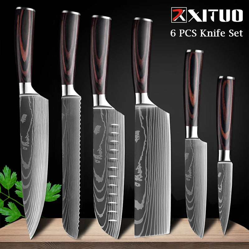 XITUO Chef knife 1-10Pcs Kitchen Knives Set Laser Damascus Pattern Ultra-Sharp Santoku Knife Cleaver Slicing Utility Fruit Knife