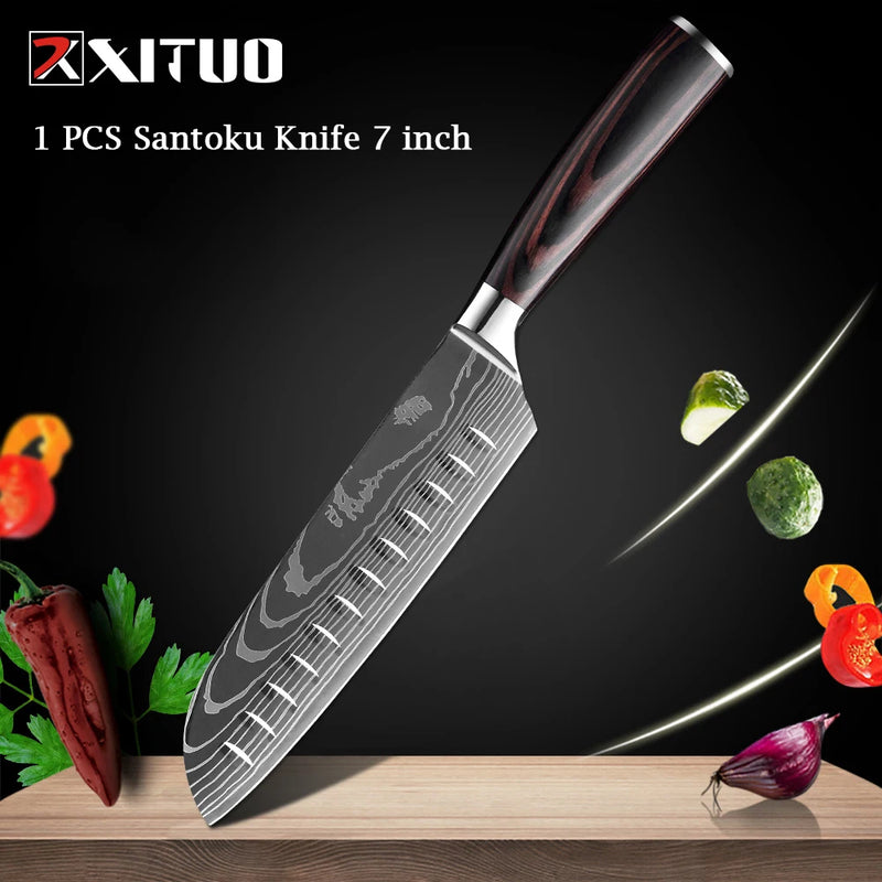 XITUO Chef knife 1-10Pcs Kitchen Knives Set Laser Damascus Pattern Ultra-Sharp Santoku Knife Cleaver Slicing Utility Fruit Knife