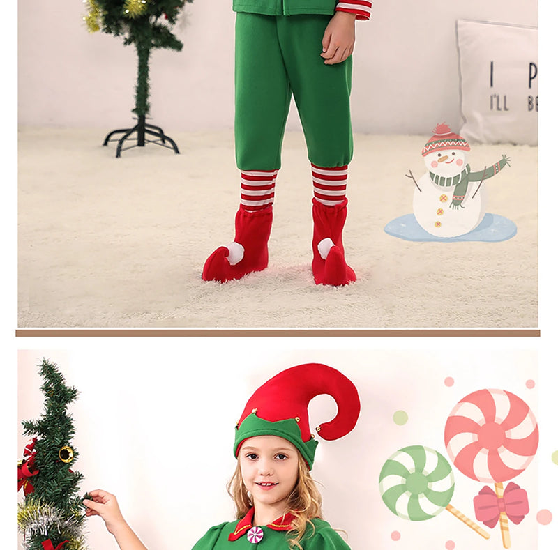 Christmas Santa Claus Costume Green Elf Cosplay Family Carnival Party New Year Fancy Dress Clothes Set For Men Women Girls Boys