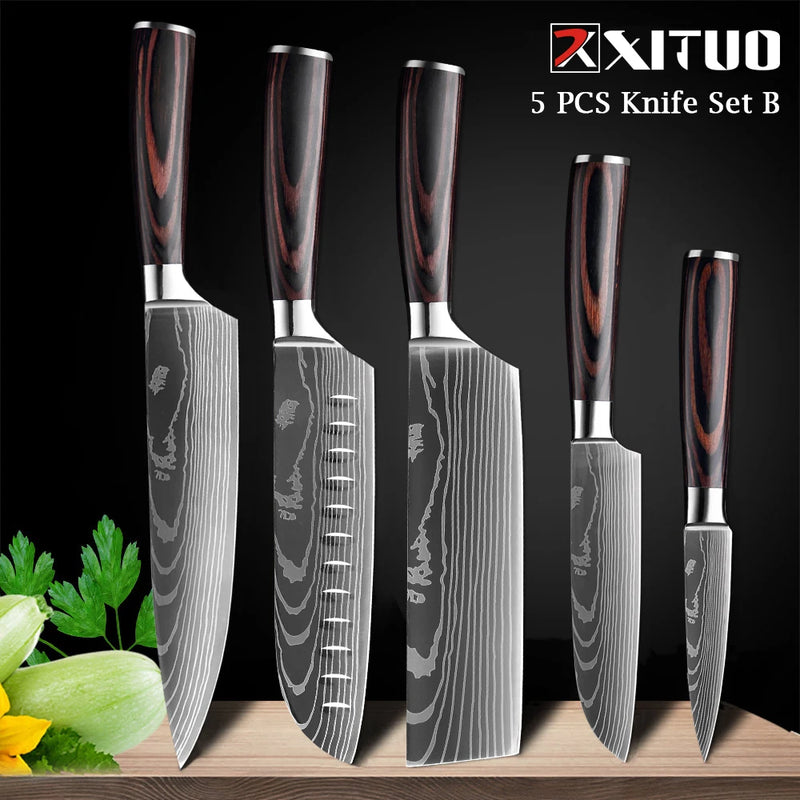 XITUO Chef knife 1-10Pcs Kitchen Knives Set Laser Damascus Pattern Ultra-Sharp Santoku Knife Cleaver Slicing Utility Fruit Knife