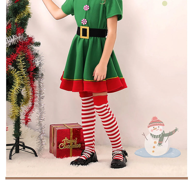 Christmas Santa Claus Costume Green Elf Cosplay Family Carnival Party New Year Fancy Dress Clothes Set For Men Women Girls Boys