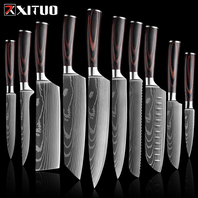 XITUO Chef knife 1-10Pcs Kitchen Knives Set Laser Damascus Pattern Ultra-Sharp Santoku Knife Cleaver Slicing Utility Fruit Knife