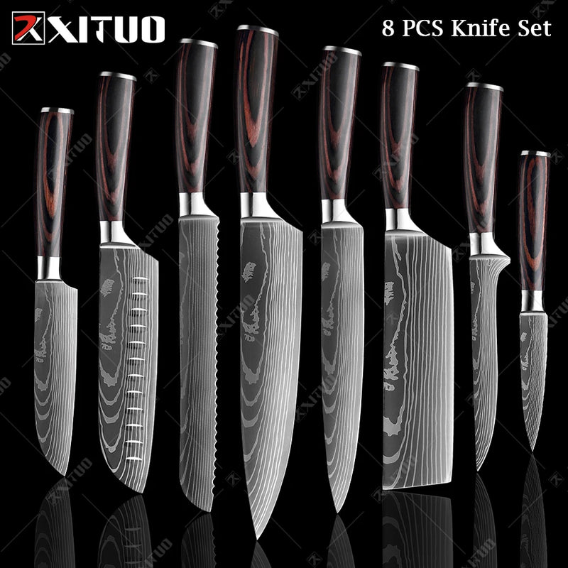 XITUO Chef knife 1-10Pcs Kitchen Knives Set Laser Damascus Pattern Ultra-Sharp Santoku Knife Cleaver Slicing Utility Fruit Knife