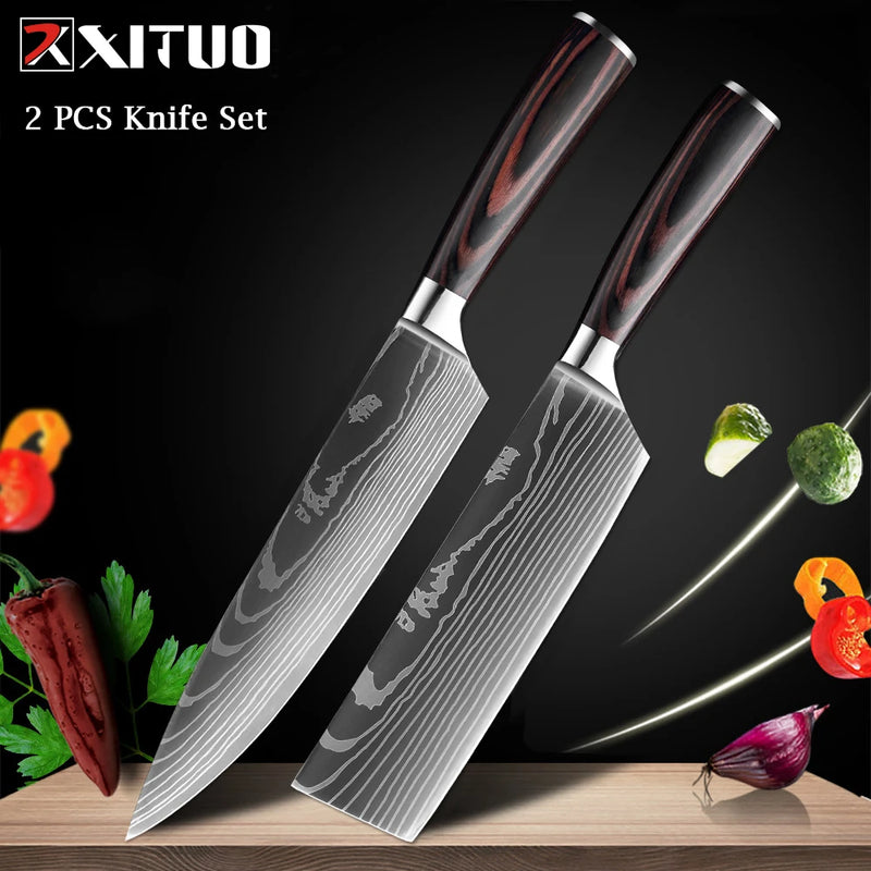 XITUO Chef knife 1-10Pcs Kitchen Knives Set Laser Damascus Pattern Ultra-Sharp Santoku Knife Cleaver Slicing Utility Fruit Knife