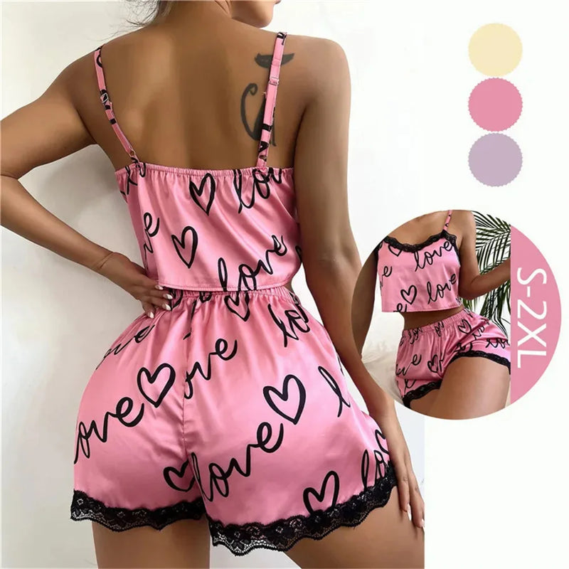 2 Pieces Set Women'S Pajama Shorts Suit Homewear Print Underwear Pijama Sexy Lingerie Camisoles Tanks Nighty Ladies Sleepwear