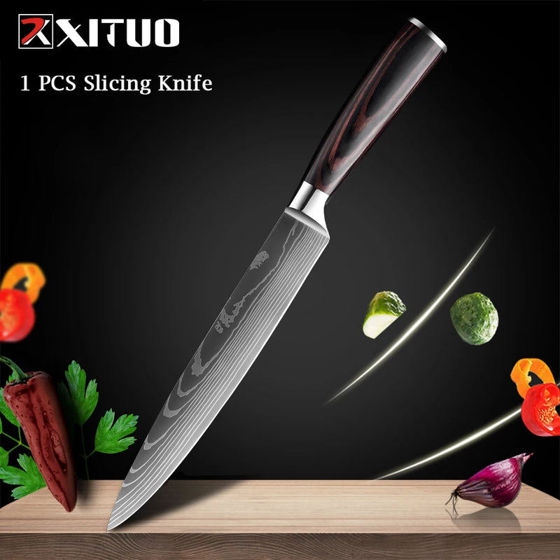 XITUO Chef knife 1-10Pcs Kitchen Knives Set Laser Damascus Pattern Ultra-Sharp Santoku Knife Cleaver Slicing Utility Fruit Knife