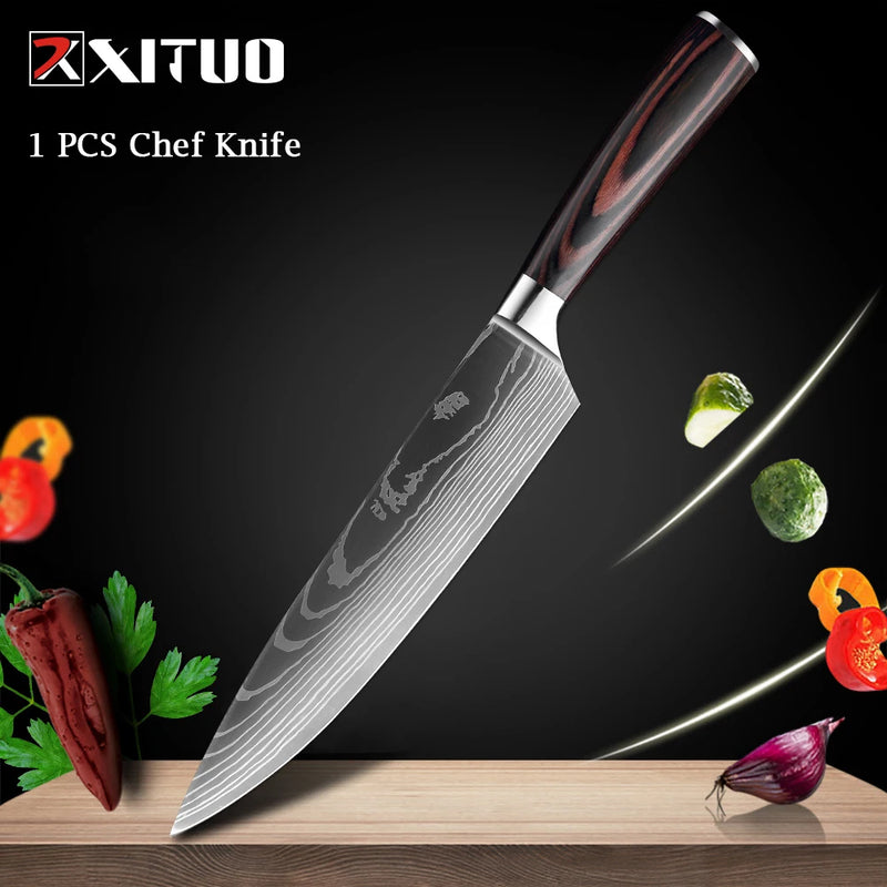 XITUO Chef knife 1-10Pcs Kitchen Knives Set Laser Damascus Pattern Ultra-Sharp Santoku Knife Cleaver Slicing Utility Fruit Knife